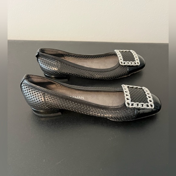 Stuart Weitzman Black  Patent Leather Low Heels Flat Mesh Silver  Buckle Size 5 - Picture 2 of 10